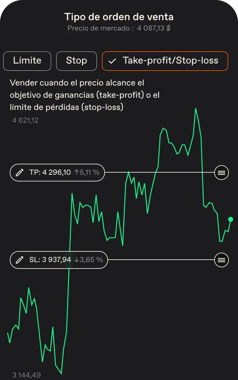 Automatiza tus <span class="font-normal italic">entradas</span> y <span class="font-normal italic">salidas</span> con órdenes limit, stop y TP/SL.