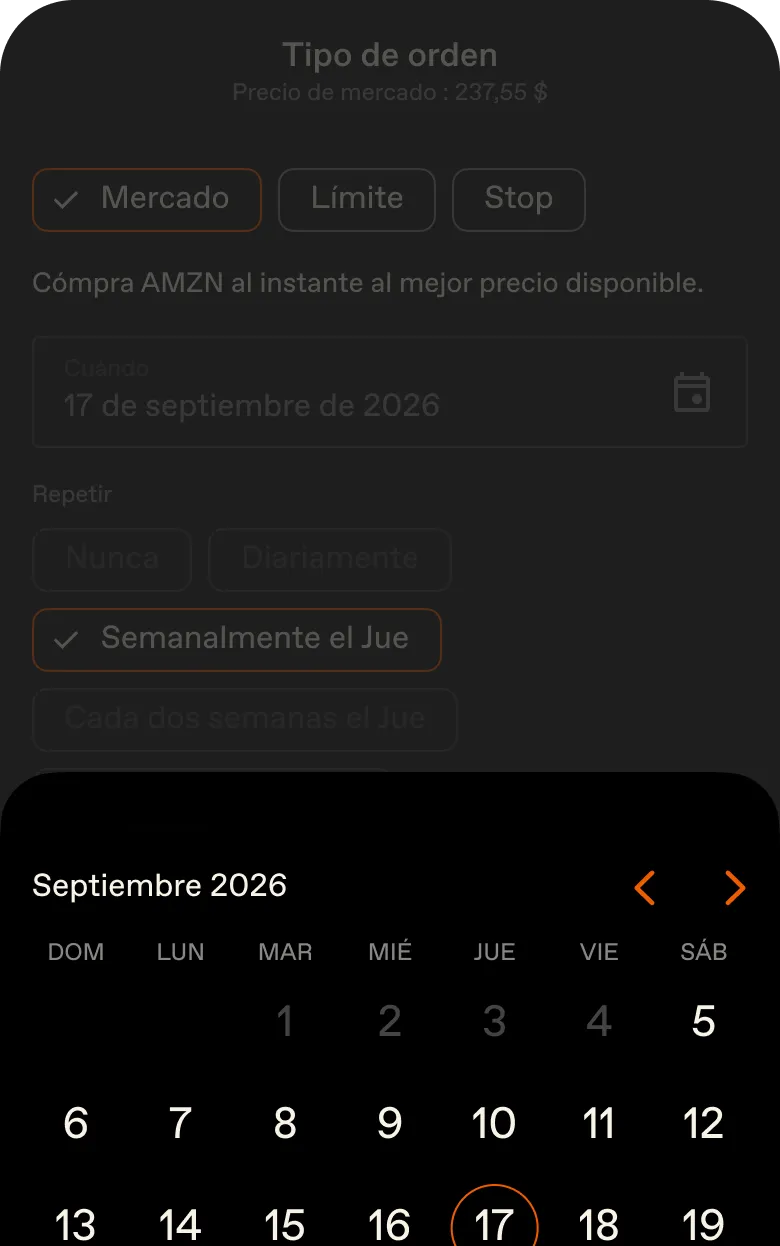 Programa compras recurrentes para <span class="font-normal italic">suavizar</span> tu punto de entrada.